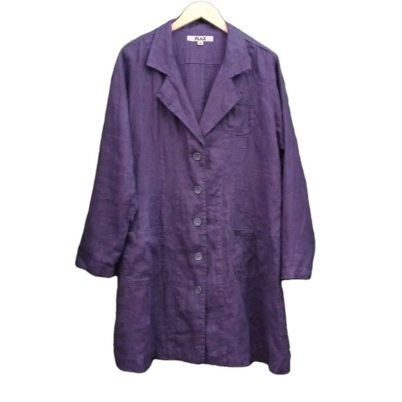 FLAX Sz. M 100% Deep Purple Button Front Linen Jacket Pockets Lagenlook Boho